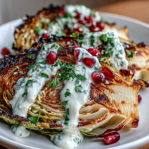 Smoky grilled cabbage wedges drizzled with creamy tahini sauce and topped with fresh parsley and juicy pomegranate seeds.