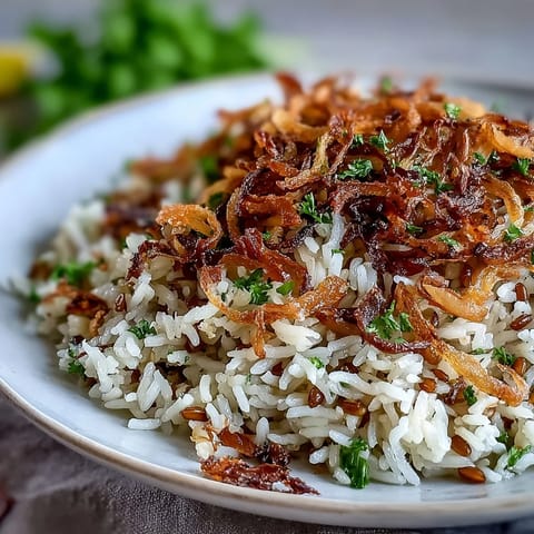 Savory Levantine Mujadara, showcasing fluffy lentils and rice crowned with golden fried onions.