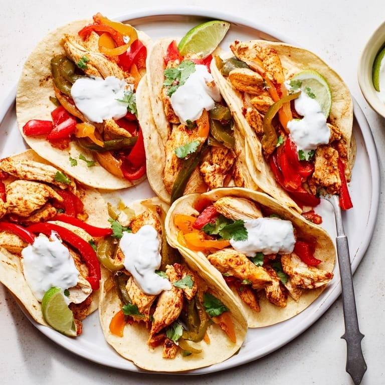 Homemade Chicken Fajitas recipe: tender chicken and vibrant vegetables topped with tangy lime crema.