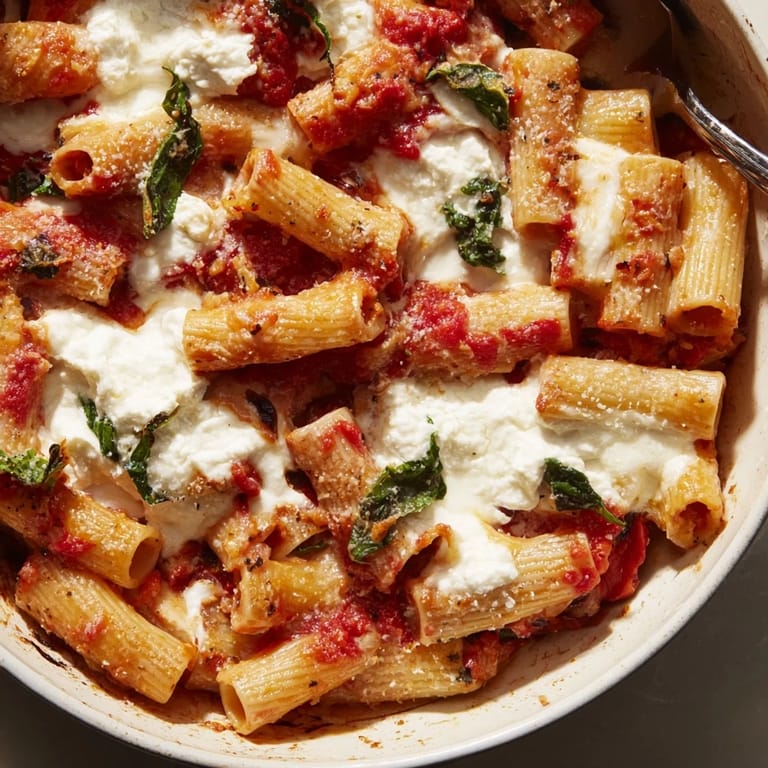 A close-up view of creamy Olive-Warm Baked Ziti with melted mozzarella and olives.