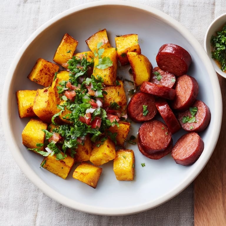 Smoky kielbasa and perfectly cooked vegetables in this warm Rustic Flint-Style Skillet Plate, a comforting meal.