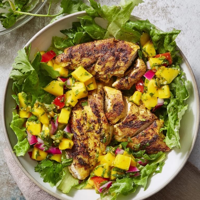 A colorful platter shows fresh Chicken and Mango Salsa Lettuce Wraps, perfect for a refreshing, flavorful meal.