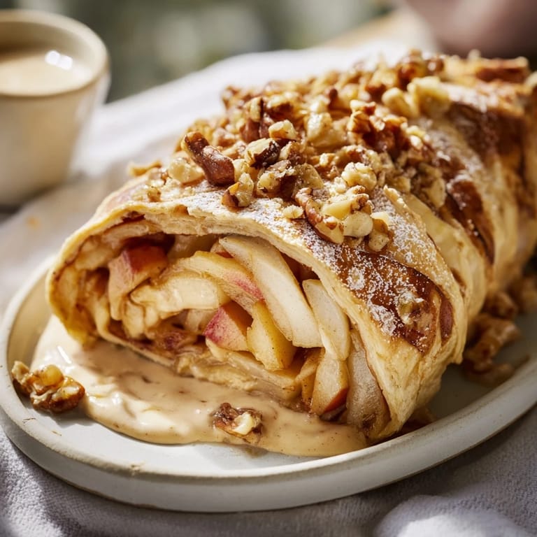 Warm, homemade apple strudel drizzled with creamy vanilla sauce, perfect for serving guests.