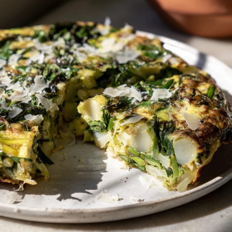 A perfectly baked Frittata with Spring Greens and Goat Cheese: a delicious vegetarian main dish ready.