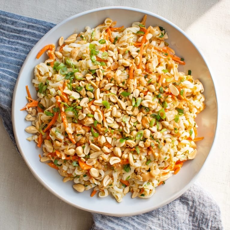 Close-up of a Spicy Peanut Noodle Salad with vibrant vegetables and a creamy peanut dressing.