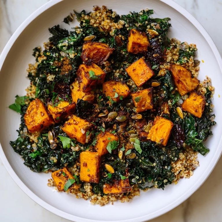 Vibrant Light Coastal Bowl: Quinoa with roasted sweet potatoes, a picture of fresh kale, and a creamy tahini dressing.