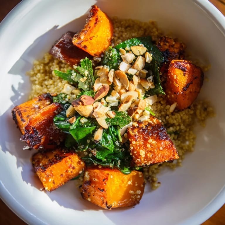 A colorful photo of the warm herb bowl recipe, showcasing roasted root vegetables with a vibrant green salad.