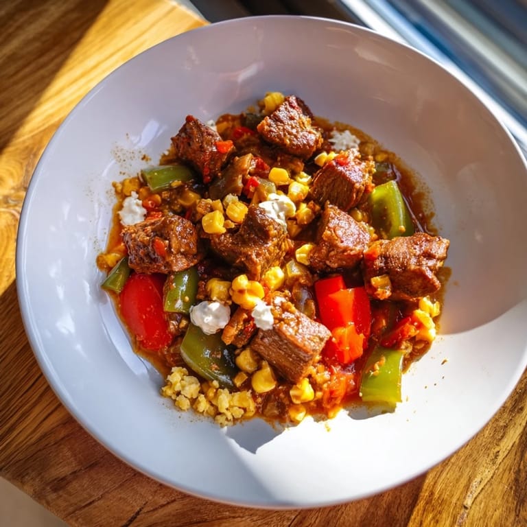 This photo shows a close-up of hearty Hungarian Goulash, with tender beef and noodles, plus fresh parsley.