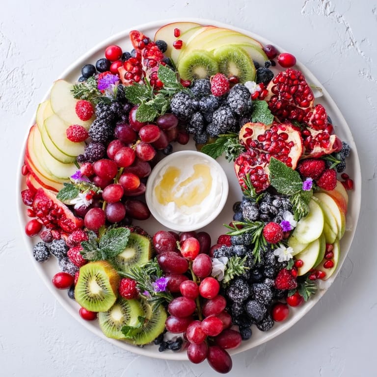 A beautiful Winter Berry Wreath Fruit Board features a colorful arrangement of sweet fruits ready to enjoy.