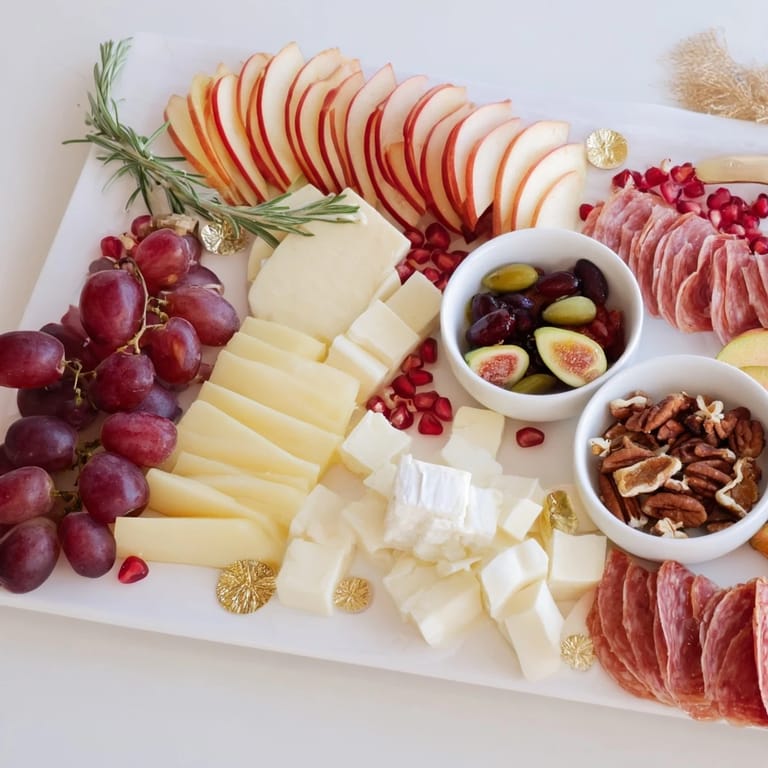 A beautifully arranged Twelve Days of Christmas Snack Board, featuring salami, crackers, and holiday-themed sweets to enjoy.