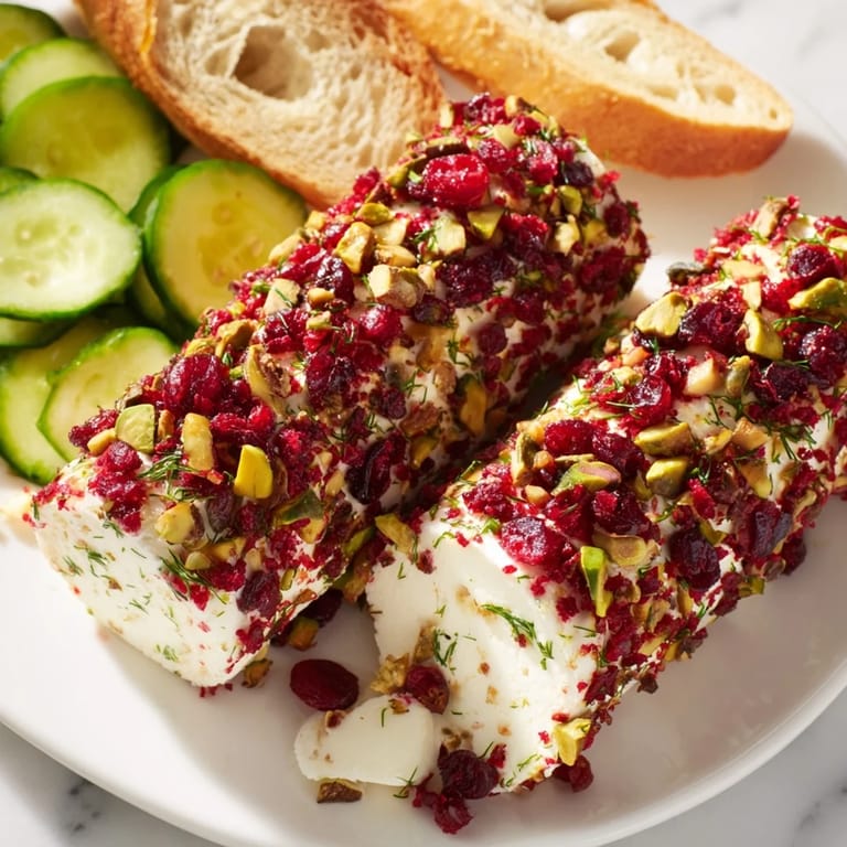 A close-up of a Cranberry Goat Cheese Logs appetizer, showing the creamy goat cheese coated in cranberries.