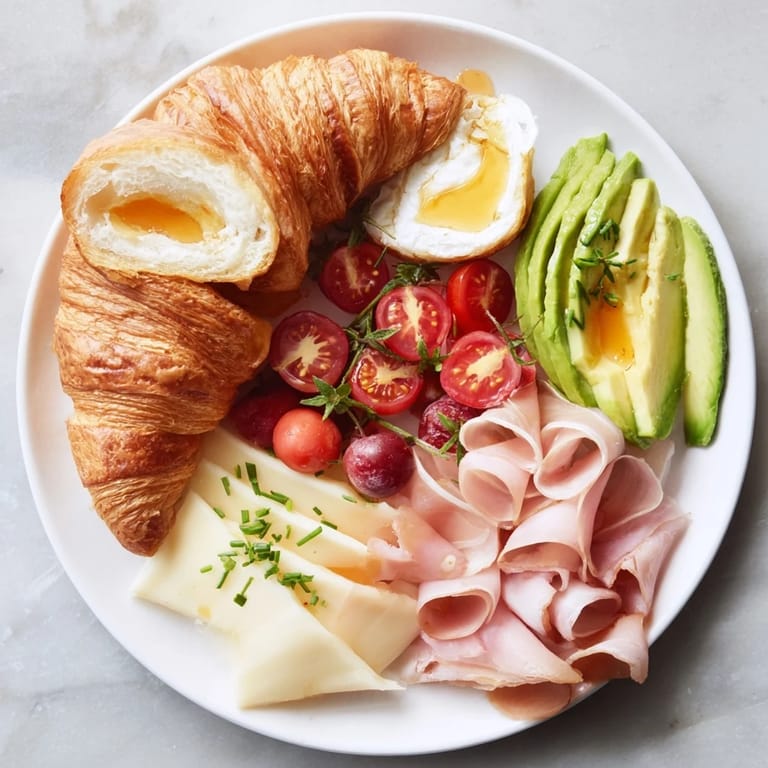 Close-up of a loaded Cozy Fireplace Croissant Board showcasing fresh berries and creamy cheeses.