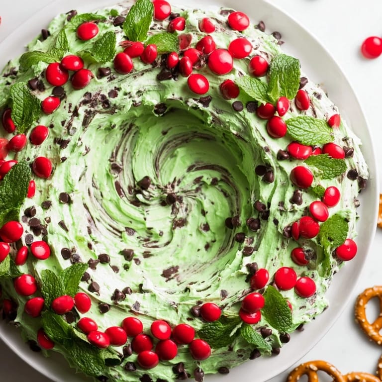 A vibrantly green Mint Chocolate Chip Dip Wreath garnished with festive red candies and fresh mint.