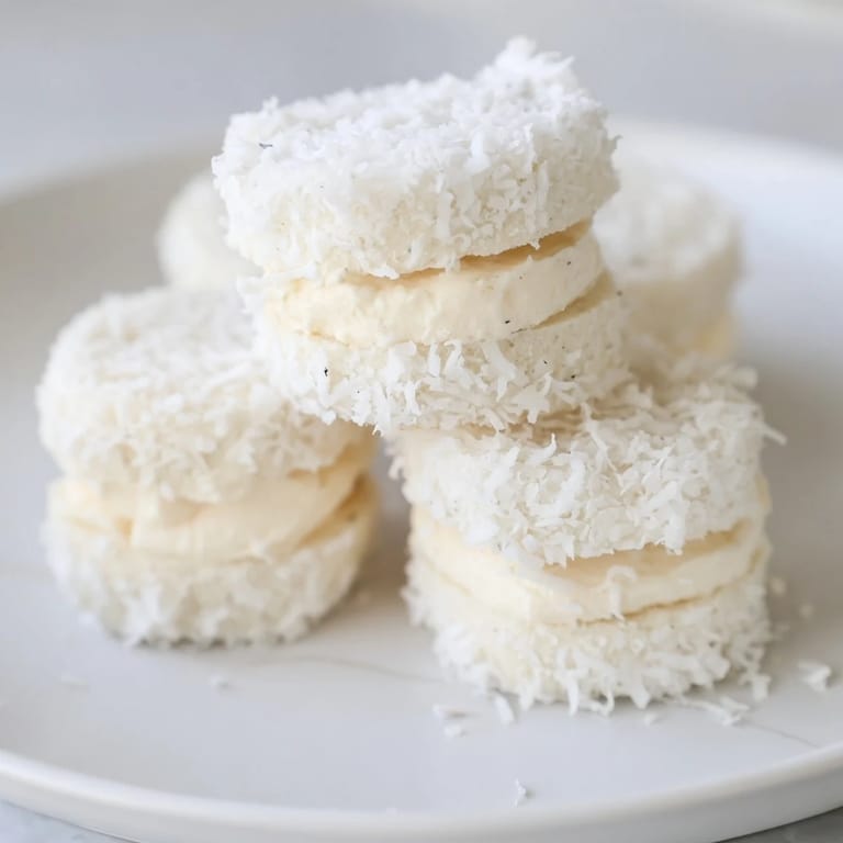 Miniature Snowball Tea Sandwiches, a close-up of the delicious coconut-covered appetizer bites.