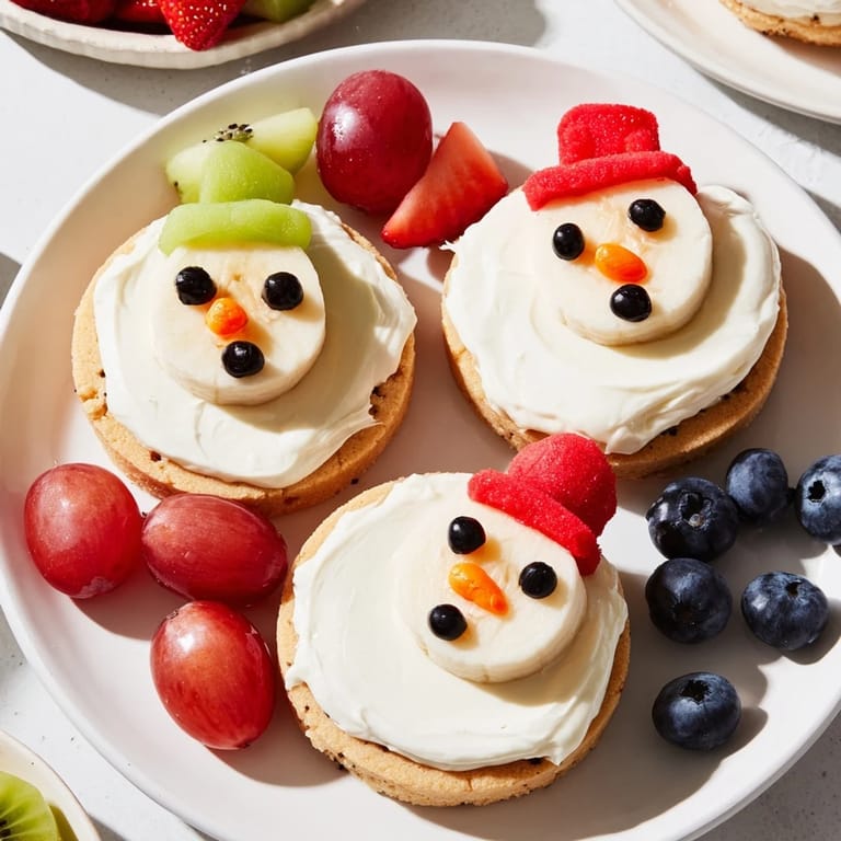 This festive Melting Snowman Fruit Pizza features a creamy frosting base with adorable fruit snowmen on top.