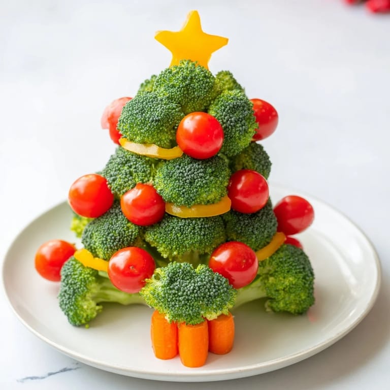 Vibrant Broccoli Tree creation, with eye-catching cherry tomatoes, and yellow pepper star as decoration.