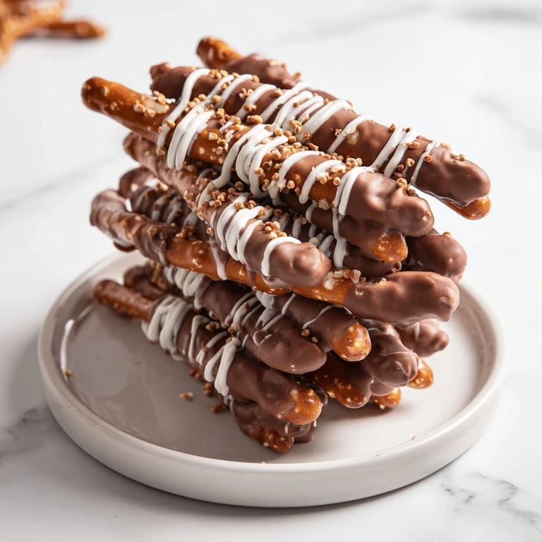 Sweet and salty chocolate covered pretzel stick stack, ready to enjoy as a quick dessert anytime.