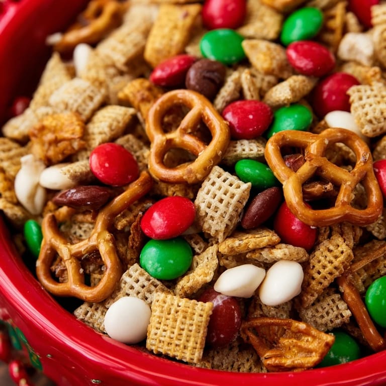 This festive Holiday Mix recipe features colorful candies and toasted cereal, perfect for sharing around the holidays.
