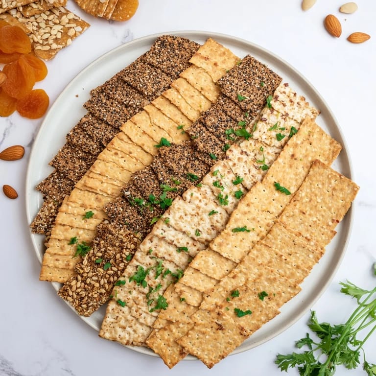A close-up of a layered fan of gourmet crackers, perfect for easy gourmet entertaining with cheese.