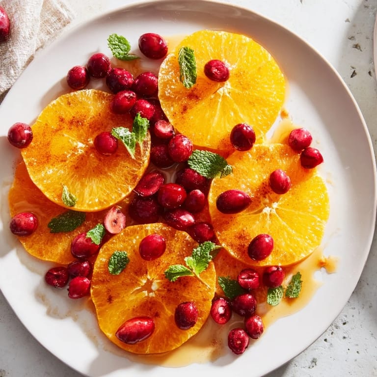 Juicy orange slices and tart cranberries are arranged for this stunning winter fruit recipe.
