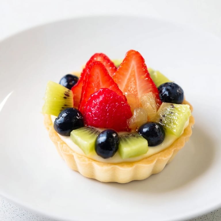 Golden, flaky crusts hold a creamy filling, beautifully topped with fresh fruit creating mini fruit tartlets in a circle.