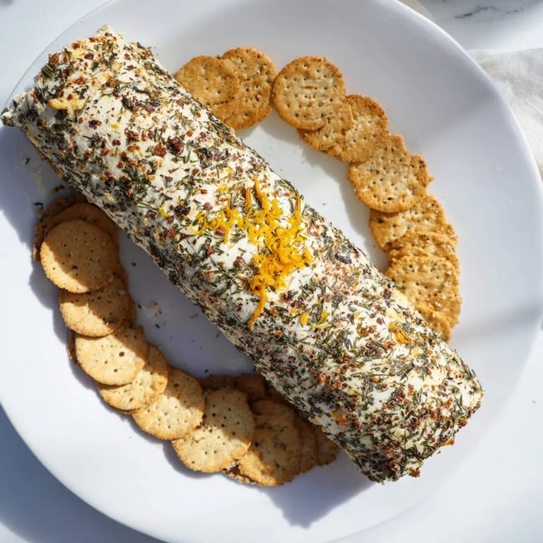 This savory Herb-Coated Cheese Log, coated in fresh herbs, looks delicious beside a cracker spread.