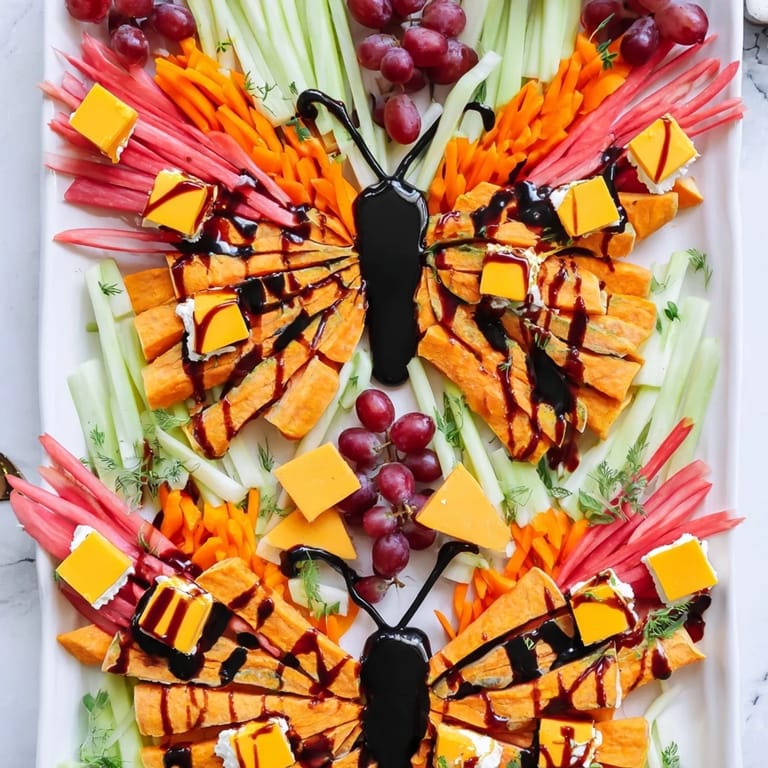 Delicious Monarch Butterfly Wings appetizer, picturing sweet potato, pepper, and olive arrangements like a butterfly.