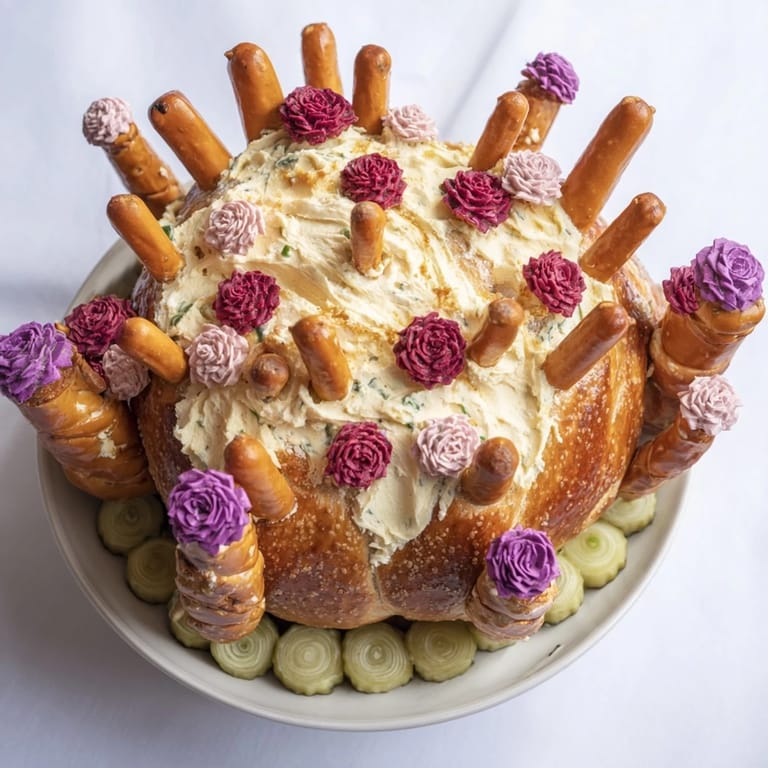 A visually stunning Desert Cactus Bloom edible arrangement featuring pretzel "needles" and cucumber pads.