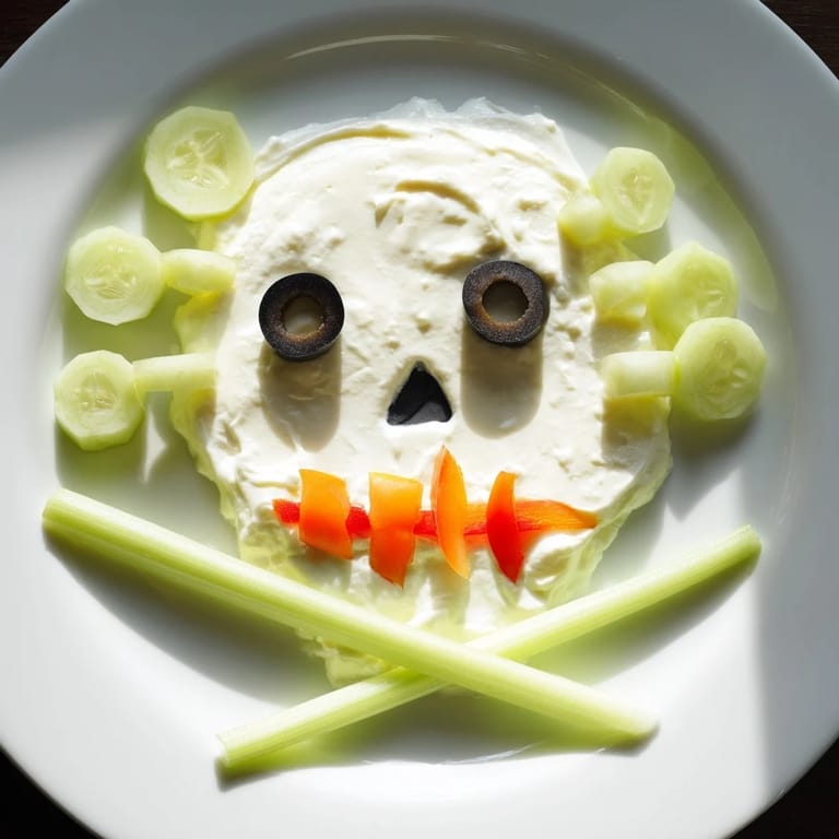 A festive Skull & Bones Spooky Spread, artfully arranged on a platter with veggie "bones" looks delicious.