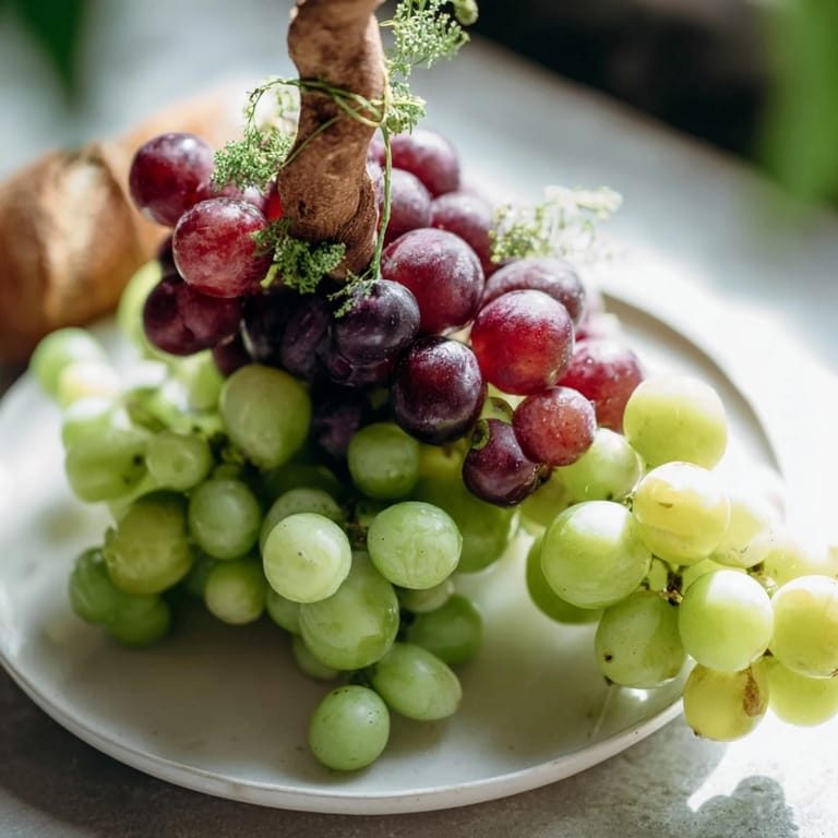 A vibrant close-up of a Vineyard Grape Cluster Drop: plump grapes cascade beautifully on a wooden board.