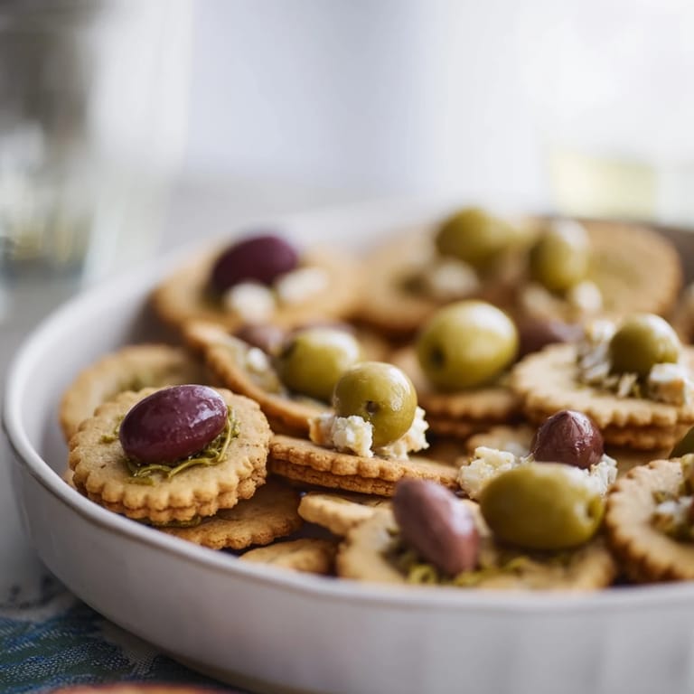 Close-up of the delicious Cobblestone Courtyard appetizer, with olives creating the cobblestone effect on crackers.