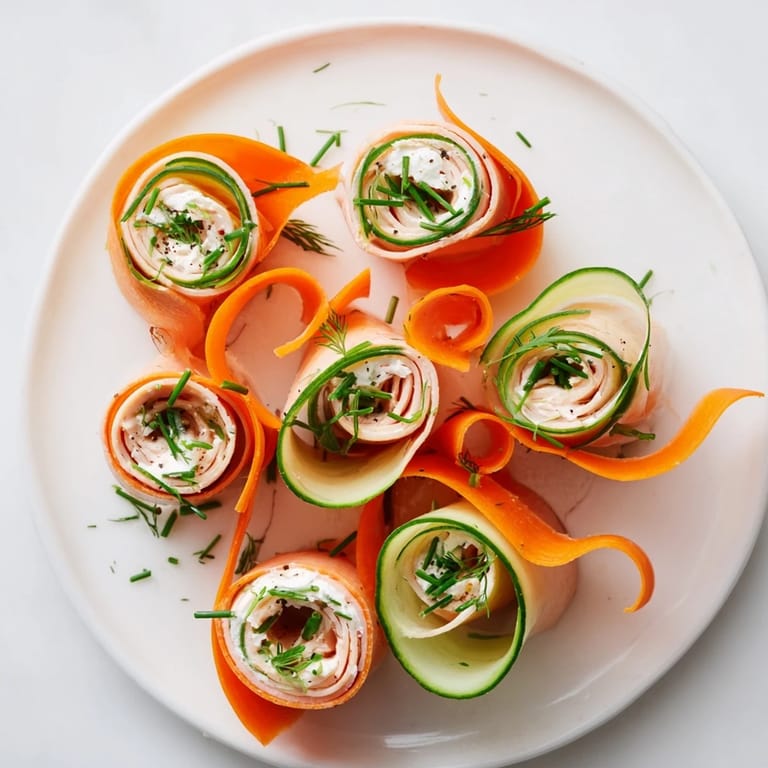 A close-up of The Ribbon Dancer: showing artfully spiraled turkey rolls with fresh herbs and veggies.
