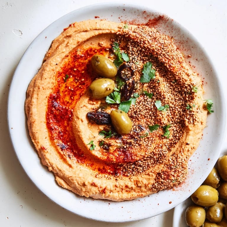 Beautifully arranged Moroccan Tent appetizer with hummus, baba ganoush, and roasted red pepper muhammara, ready to serve.