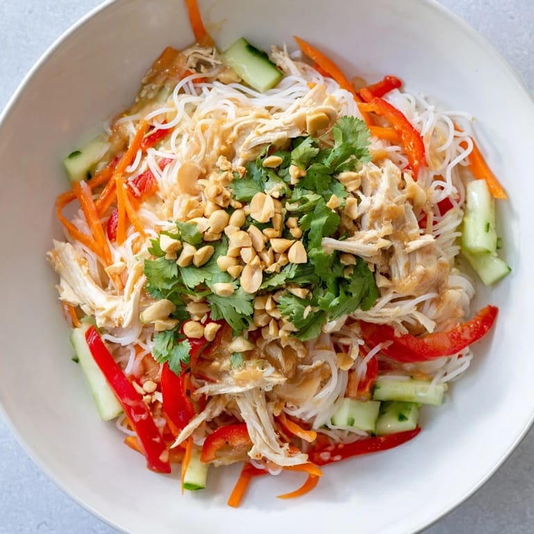 This vibrantly plated Thai-Inspired Peanut Chicken Pasta shows tossed noodles, shredded chicken, and fresh garnishes.