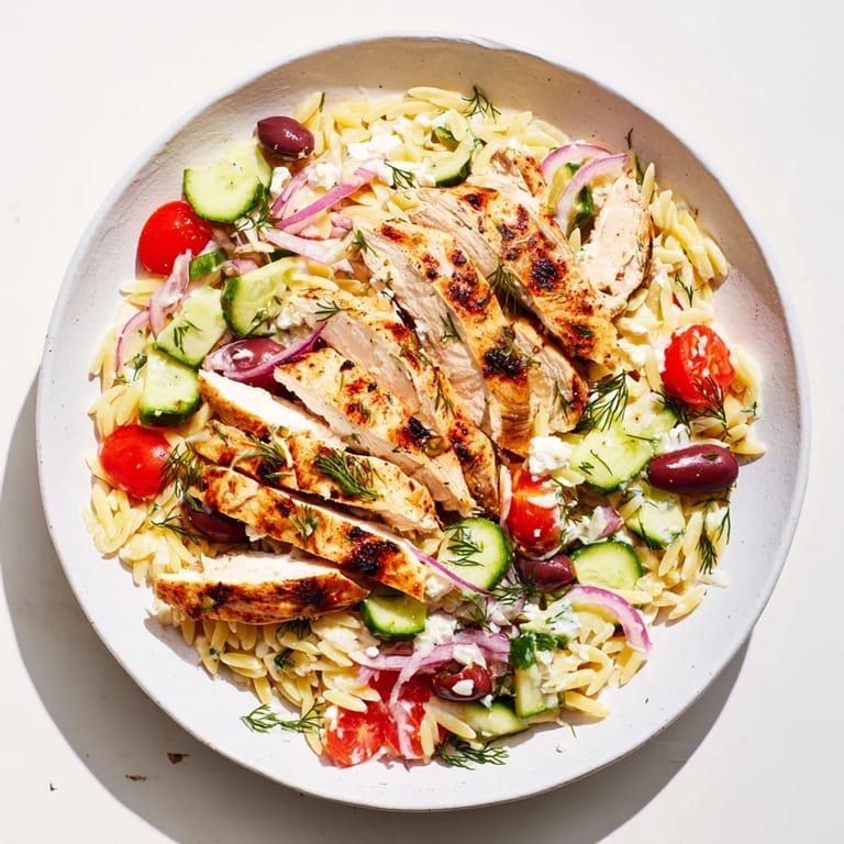 Golden-brown chicken tops these Greek Chicken Gyro Pasta Bowls; a flavorful meal with orzo and tangy dressing.