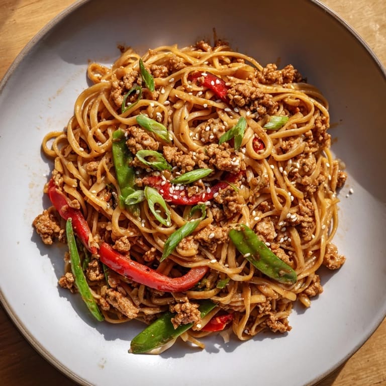 Close-up of the finished Sesame Hoisin Ground Chicken Pasta, a flavorful fusion dinner ready to enjoy.