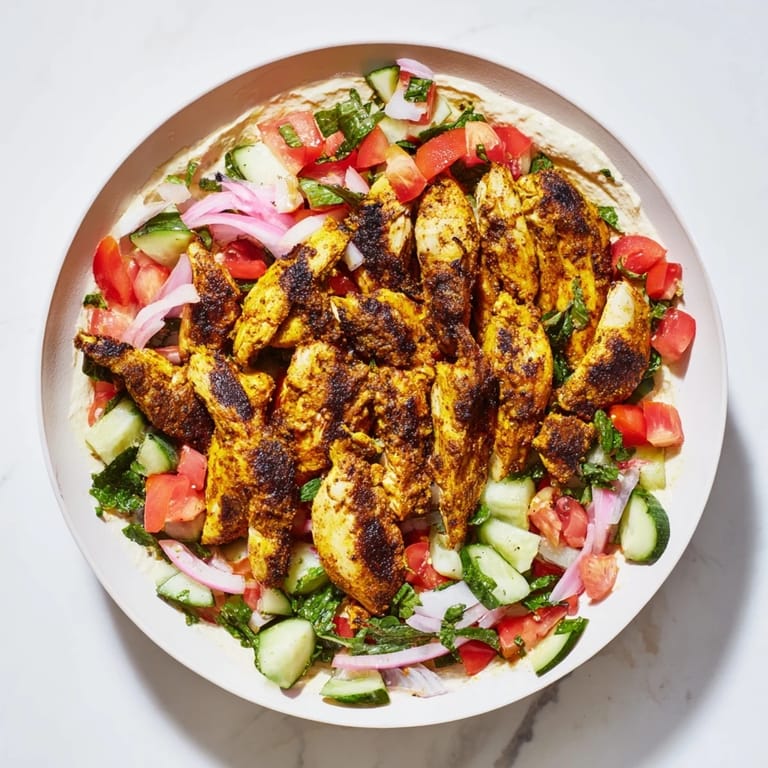 Vibrant tomatoes, cucumber and spiced chicken create this flavorful chicken shawarma salad.