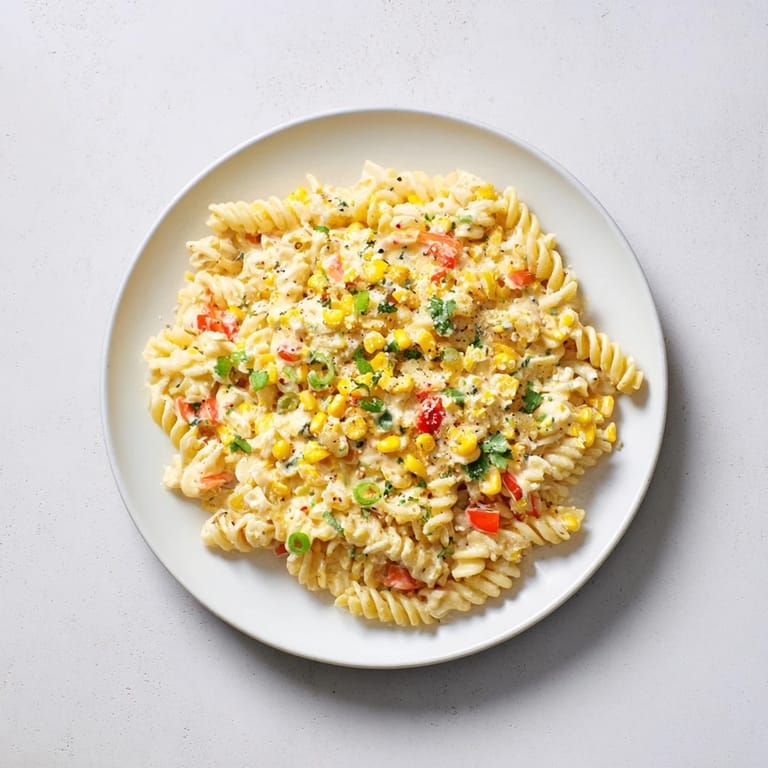 Creamy One-Pot Mexican Street Corn Pasta with vibrant corn and a sprinkle of spicy seasonings.