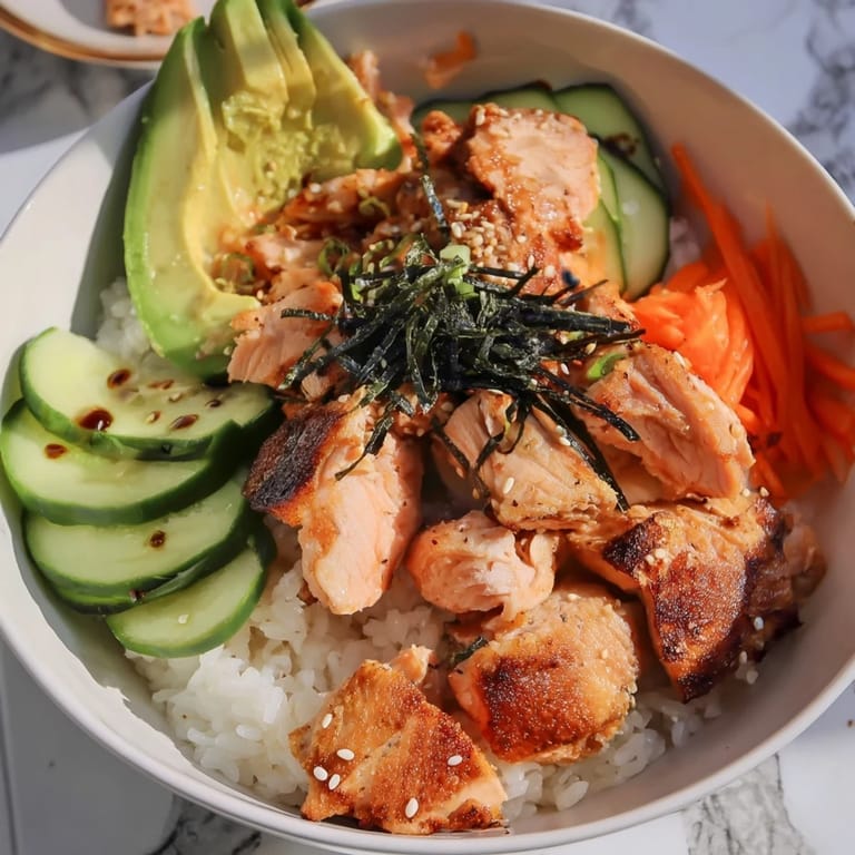 A close-up view displaying a colorful Japanese-style salmon & chicken rice bowl overflowing with textures.