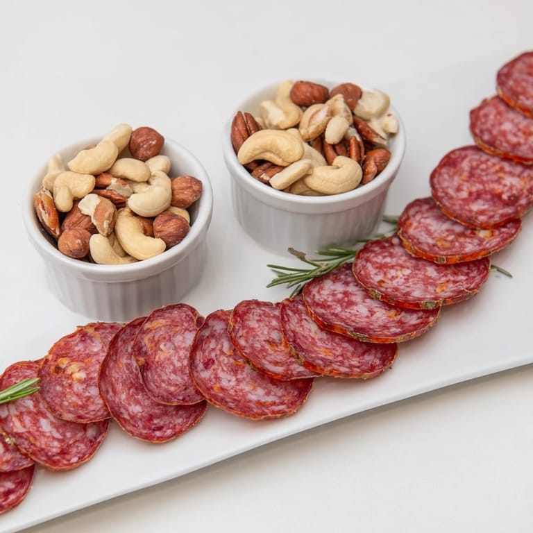 This playful presentation of the "Infinity Loop" appetizer features salami intertwined with two nut bowls.