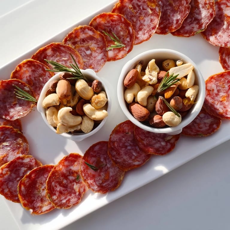Appetizing "Infinity Loop" charcuterie: seamlessly looping salami and nuts, ready for a party.
