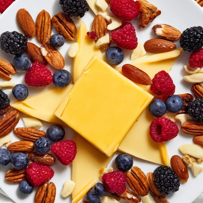 This Shooting Star Cheese Board appetizer showcases a star-shaped cheese centerpiece with a berry tail cascading.