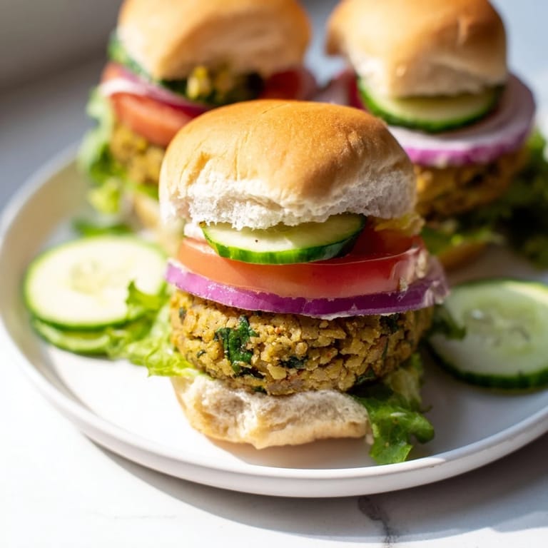 A stack of delicious baked falafel sliders, featuring juicy tomatoes and onions, perfect for a vegetarian meal.