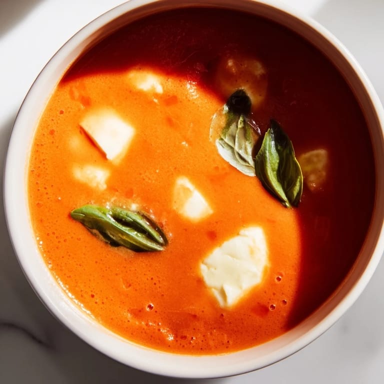 Rich and vibrant, this creamy tomato mozzarella soup blends mozzarella and basil for an Italian delight.