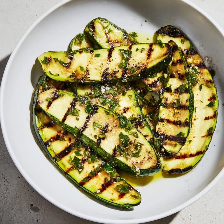 Close-up of golden grilled Garlic Herb Zucchini seasoned and ready to complement any summer barbecue.