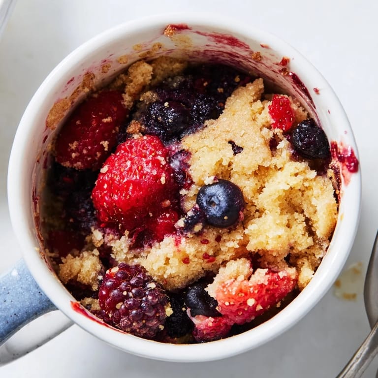 This gooey Mixed Berry Cobbler Mug Cake shows off vibrant mixed berries under a tender crust.