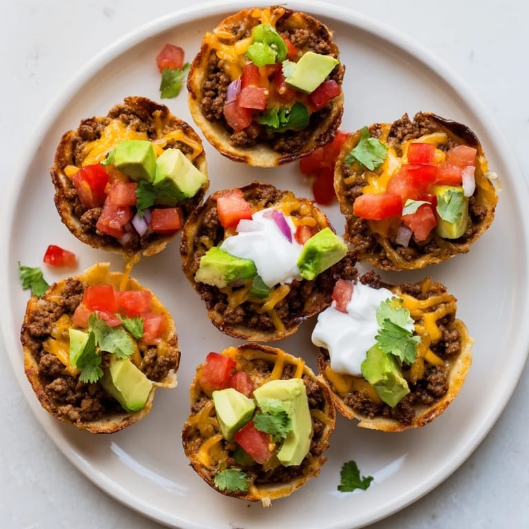 A close-up of fully loaded, appetizing Mini Taco Cups, perfect for a fun appetizer.