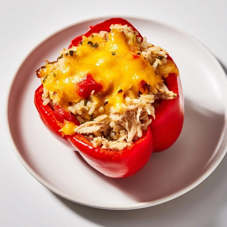 A close-up of Cheesy Chicken Stuffed Peppers, showing tender baked peppers brimming with a hearty, cheesy filling.