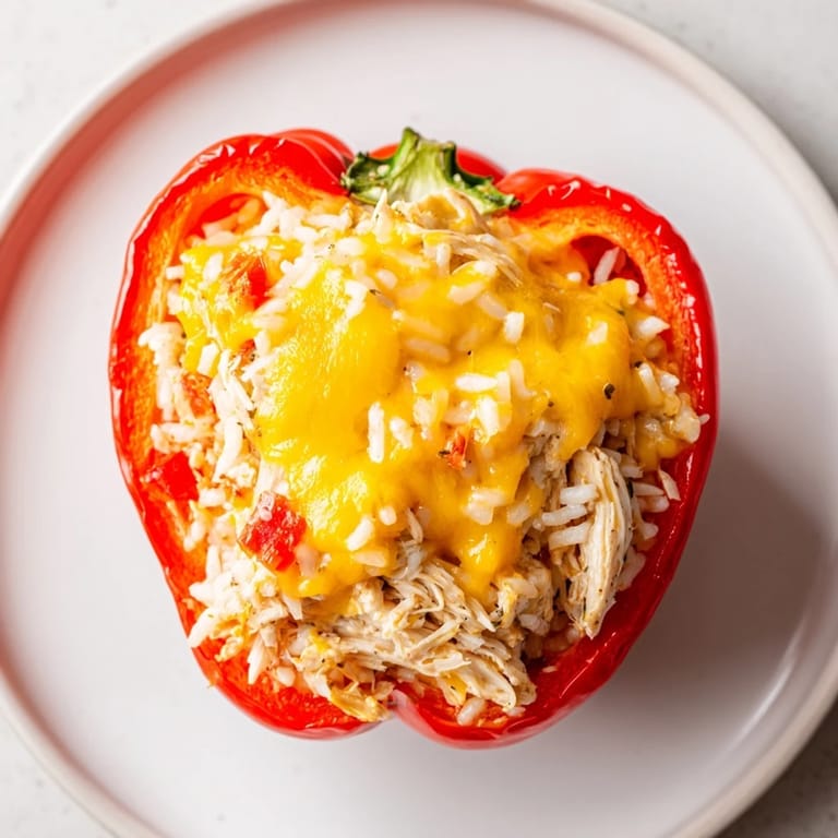 Freshly baked Cheesy Chicken Stuffed Peppers, an easy and delicious gluten-free American comfort food dinner with fluffy rice.