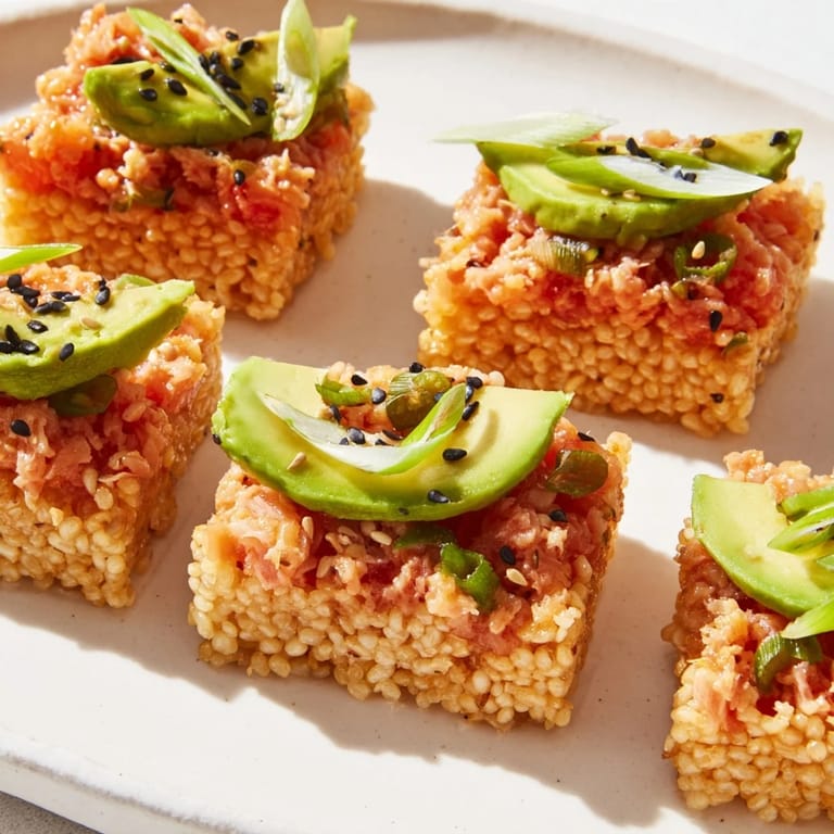 Beautifully plated Spicy Tuna Crispy Rice features crispy rice squares with spicy tuna and fresh avocado slices.